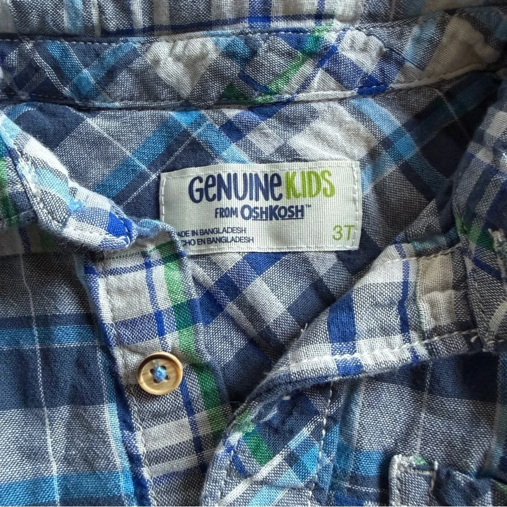 OshKosh B’gosh Plaid Flannel Shirt Jacket Boys 3T Blue Green Button Down